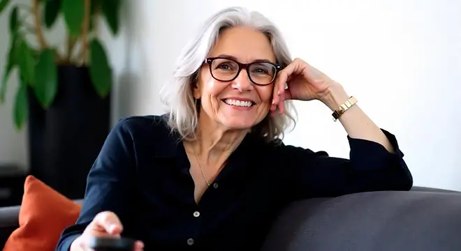 "Femme d'âge mûr, souriante et détendue, assise sur un canapé avec un smartphone à la main. Elle porte des lunettes et une chemise sombre, dans un intérieur moderne et accueillant avec des plantes en arrière-plan."